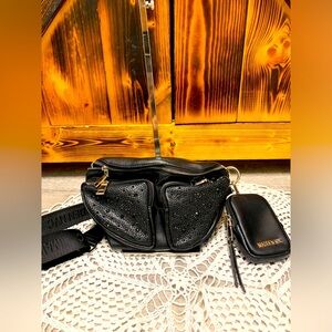 Black faux Leather Crossbody Bag with Gold Accents
